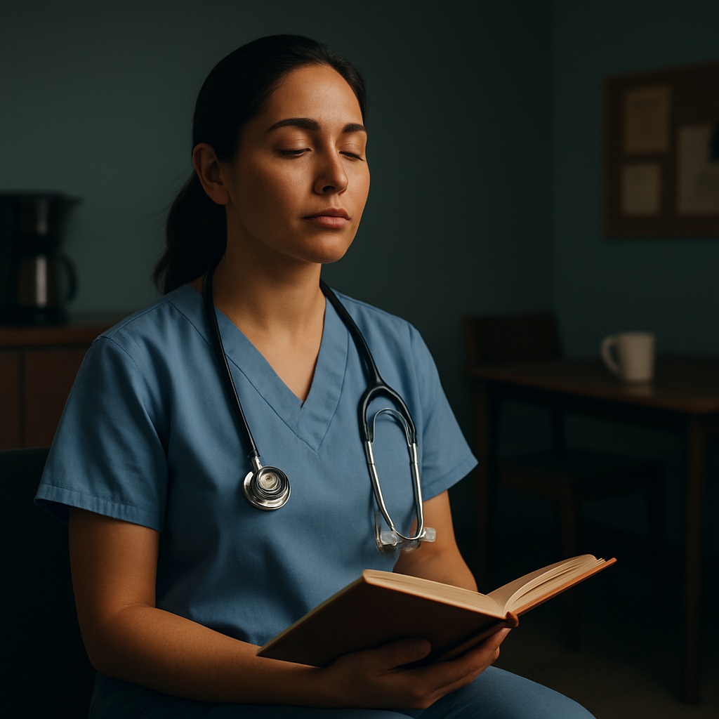 A clinician practicing mindfulness, sitting in a quiet break room, holding a journal. Alt: clinician mindfulness emotional wellness