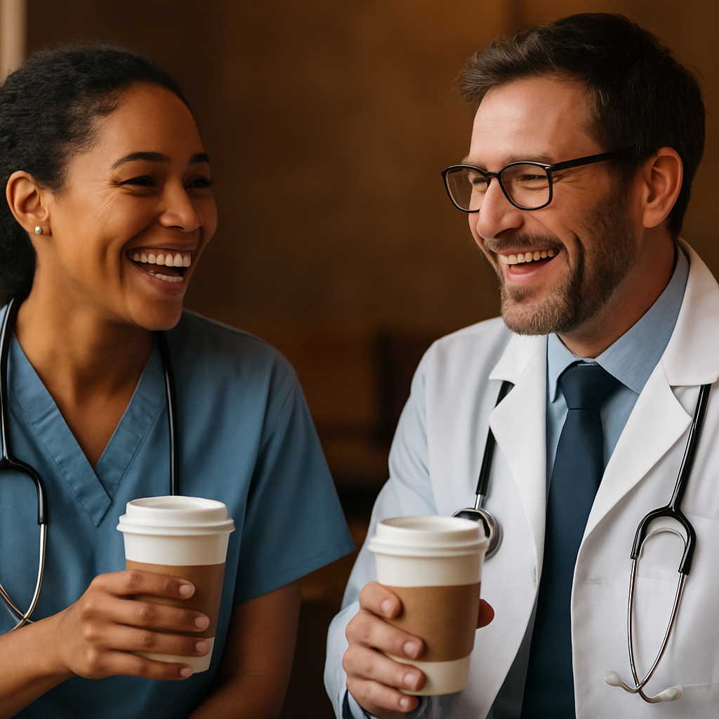 A warm, candid photo of two healthcare professionals sharing a coffee break, smiling and laughing. Alt: Clinicians enjoying a social coffee break to boost sexual and social wellbeing