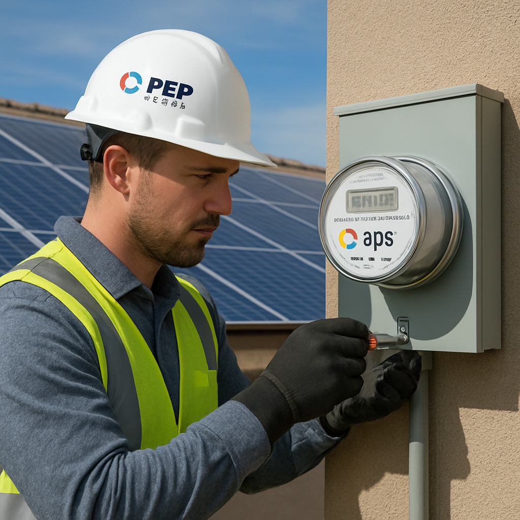 Understanding the APS Solar Buyback Rate: A Practical Guide for Homeowners 1 A solar rooftop with a technician installing a bi-directional meter, APS logo visible on the meter. Alt: APS solar buyback enrollment steps illustration