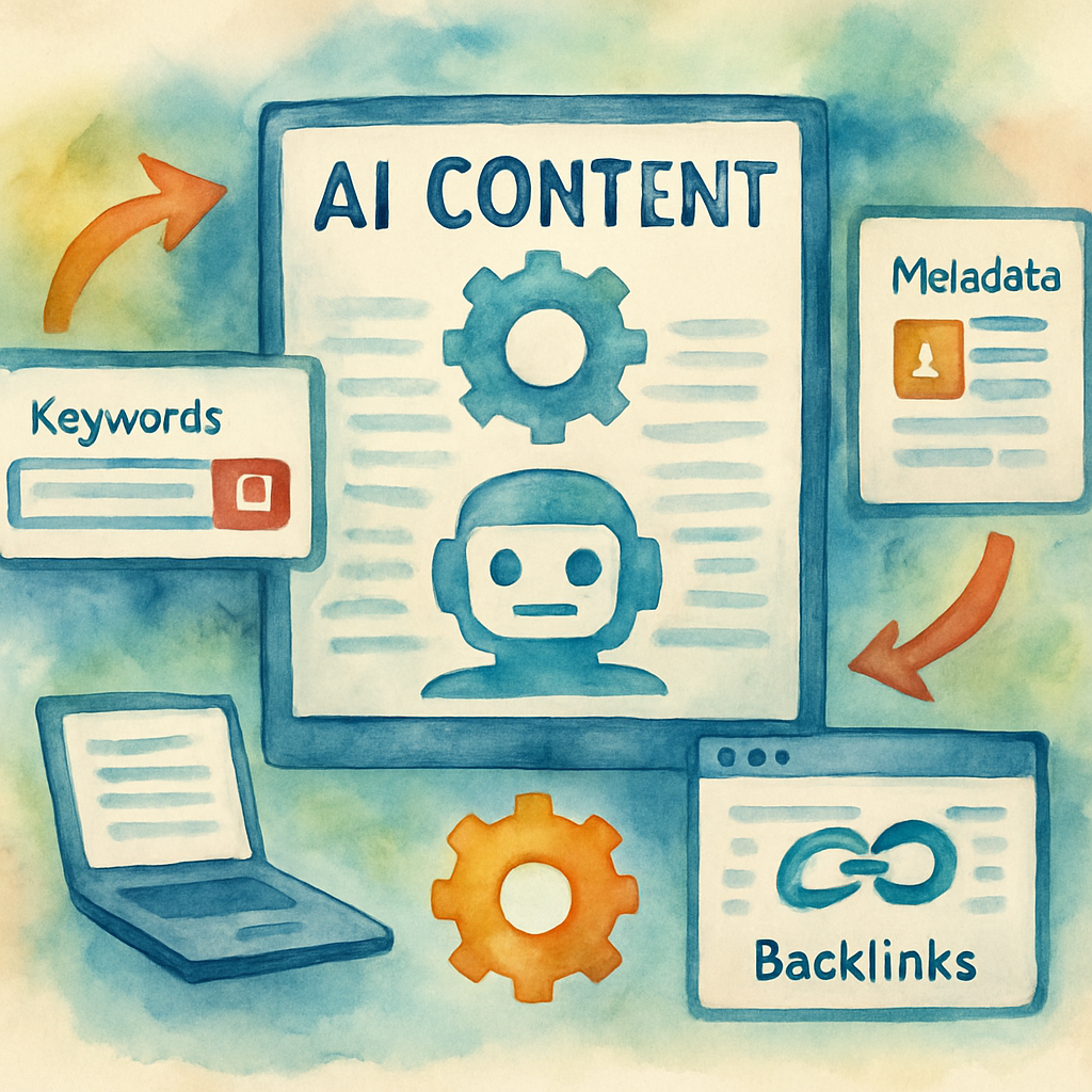 AI-driven content creation process with SEO elements like keywords, metadata, and backlinks. Alt: Automated SEO content generation service illustrating AI-powered workflows and SEO optimization.