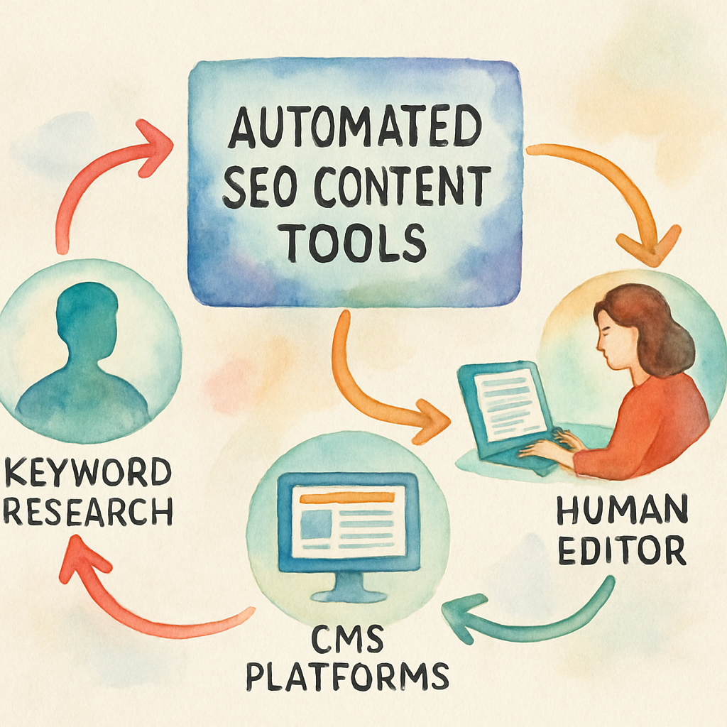 Illustration showing a content workflow diagram integrating automated SEO content tools with human editors and CMS platforms. Alt: Workflow integration of automated SEO content generation service into digital marketing processes.