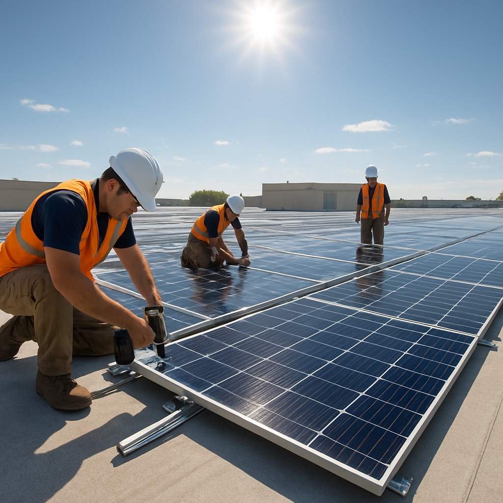 A sunny commercial rooftop with solar panels being installed, showing workers securing mounts. Alt: Business solar installation on commercial roof