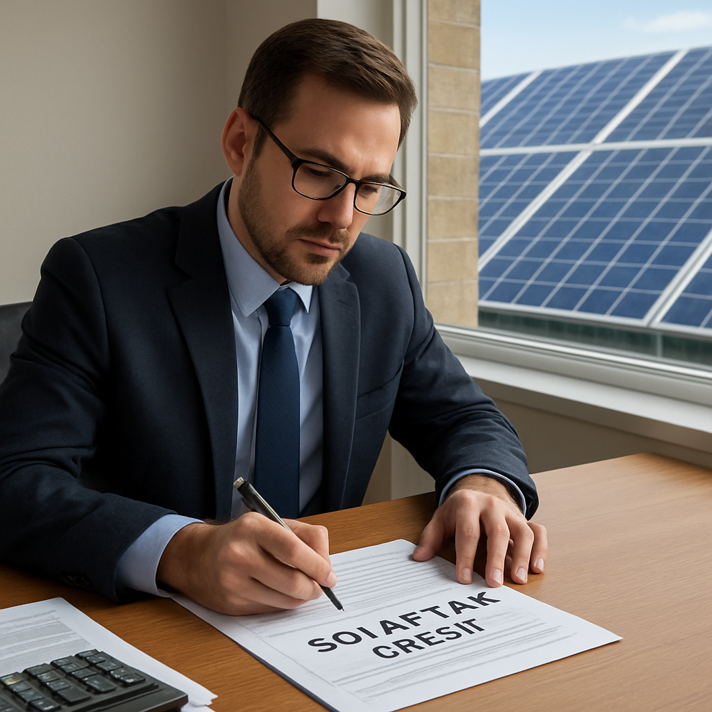 A business owner filing solar tax credit paperwork at a desk, with solar panels visible through the window. Alt: business solar tax credit recordkeeping