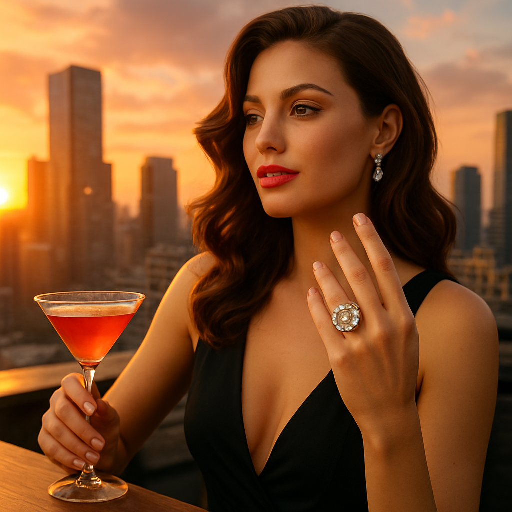 A glamorous woman on a rooftop bar in a city skyline, her hand showing a large halo cocktail ring catching the sunset light. Alt: Cocktail ring meaning in pop culture and celebrity style