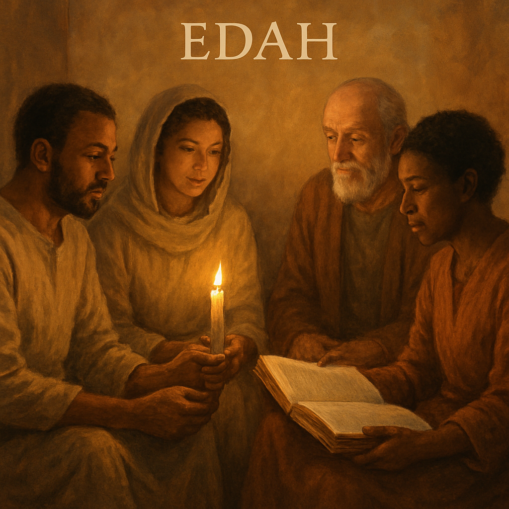 A warm illustration of a diverse group of believers sitting in a circle, sharing a candle and a journal, symbolizing the Old Testament ‘edah’ concept. Alt: Historical congregation gathering illustration.