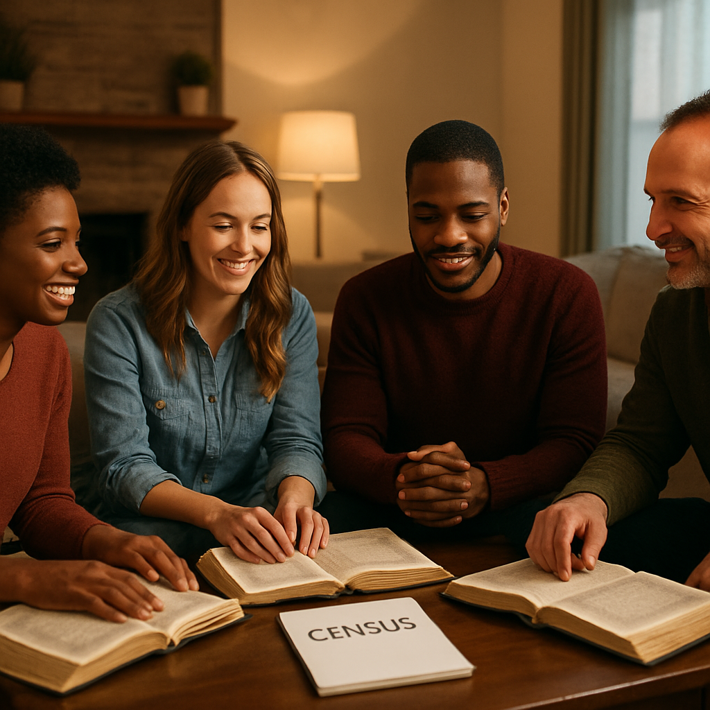 A warm living room setting with a small group of diverse people gathered around a coffee table, open Bibles, and a notebook labeled 
