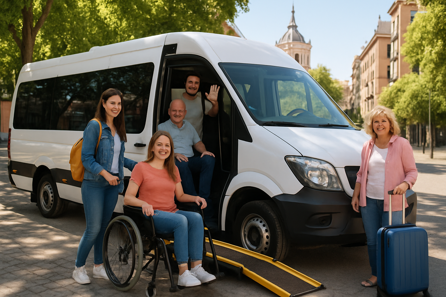 A wheelchair-accessible minibus parked on a scenic Madrid street, with a group of happy travelers. Alt: alquiler de minibus adaptado para movilidad reducida Madrid precio - Accessible minibus rental in Madrid city