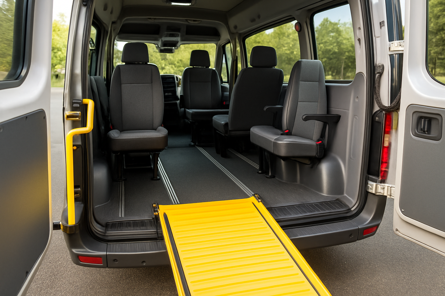 Interior shot of a wheelchair-adapted minibus showing ramps and spacious seating. Alt: rental minibus adapted for reduced mobility Madrid interior features