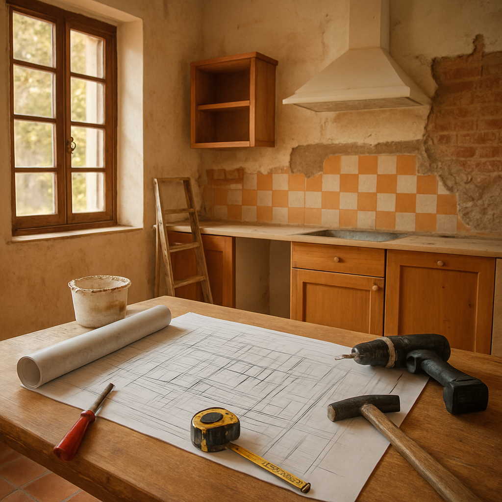 A sun‑lit Spanish kitchen mid‑renovation, tools and blueprints on a table. Alt: Renovation costs for buying a house in Spain