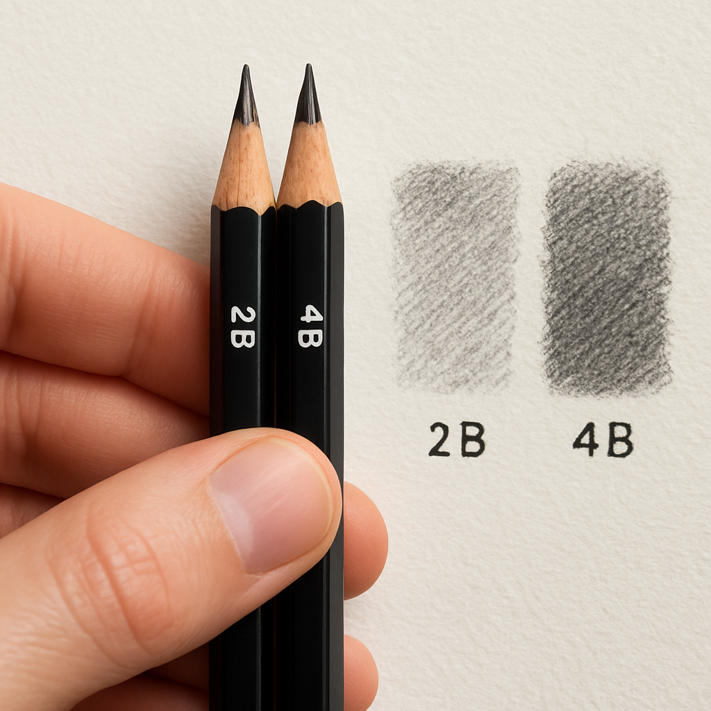 A close‑up of a hand holding a 2B and a 4B pencil side by side on textured paper, showing the difference in graphite deposit. Alt: difference between 2B and 4B pencils visual guide.