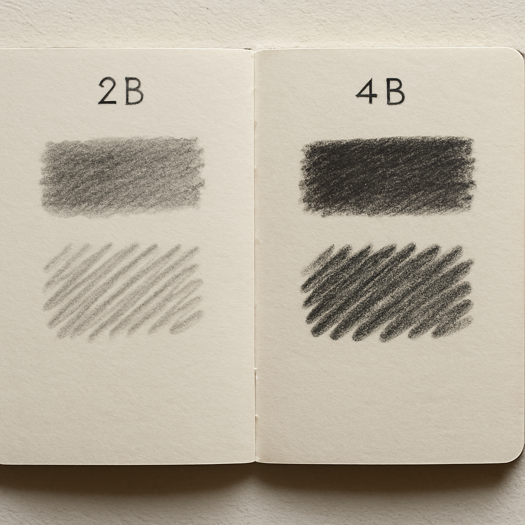 A sketchbook spread showing side‑by‑side 2B and 4B strokes on textured Indian paper, highlighting the darkness and texture differences. Alt: Real‑world comparison of 2B and 4B pencils on drawing paper.