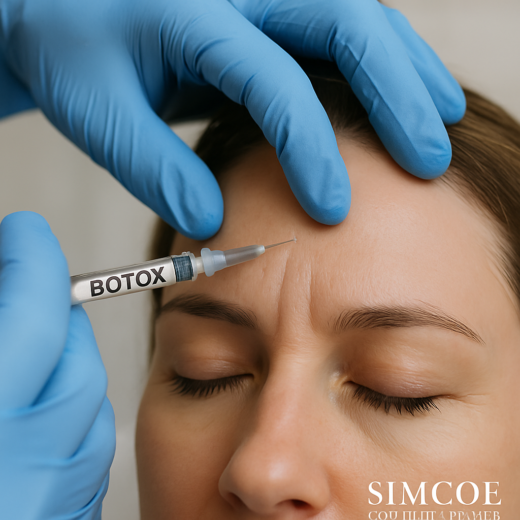 A close-up of a medical professional carefully injecting Botox into a patient’s forehead. Alt: Botox injection being administered for wrinkle reduction at Simcoe Cosmetic Clinic