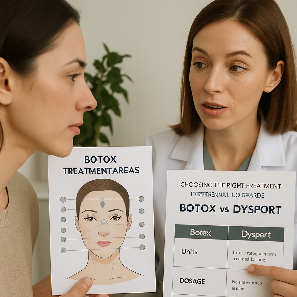 Close-up image of a woman consulting with a skincare professional about Botox and Dysport treatments, showing charts about treatment areas and dosage. Alt: Choosing the right treatment factors to consider in Botox vs Dysport decision.