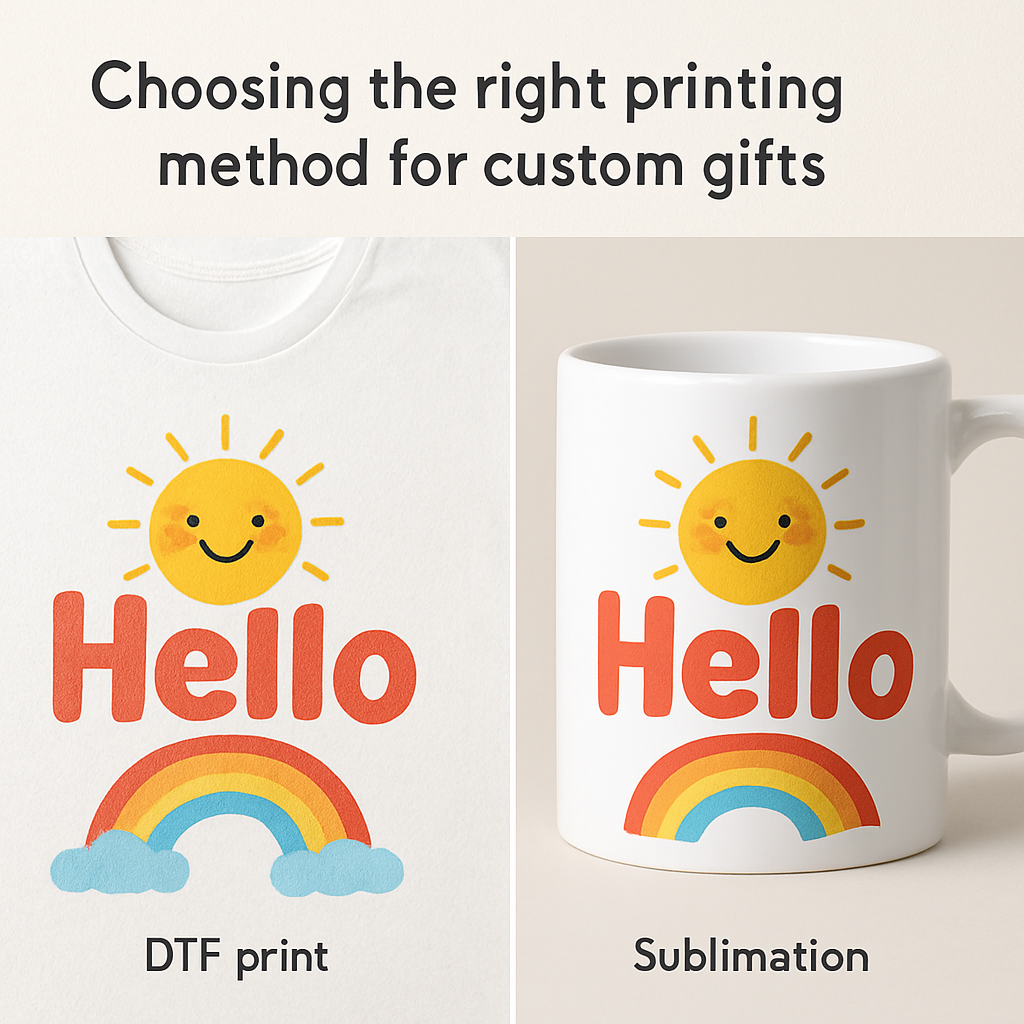 A side‑by‑side comparison of a DTF‑printed cotton tee with a textured surface and a sublimated polyester mug with a glossy, seamless finish. Alt: Choosing the right printing method for custom gifts.