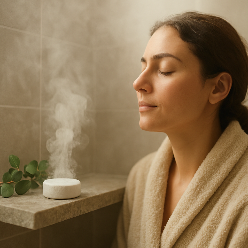 A serene bathroom with soft steam, a eucalyptus shower steamer fizzing on a stone shelf, a person inhaling deeply, Alt: eucalyptus shower steamer mental wellness stress reduction mood enhancement