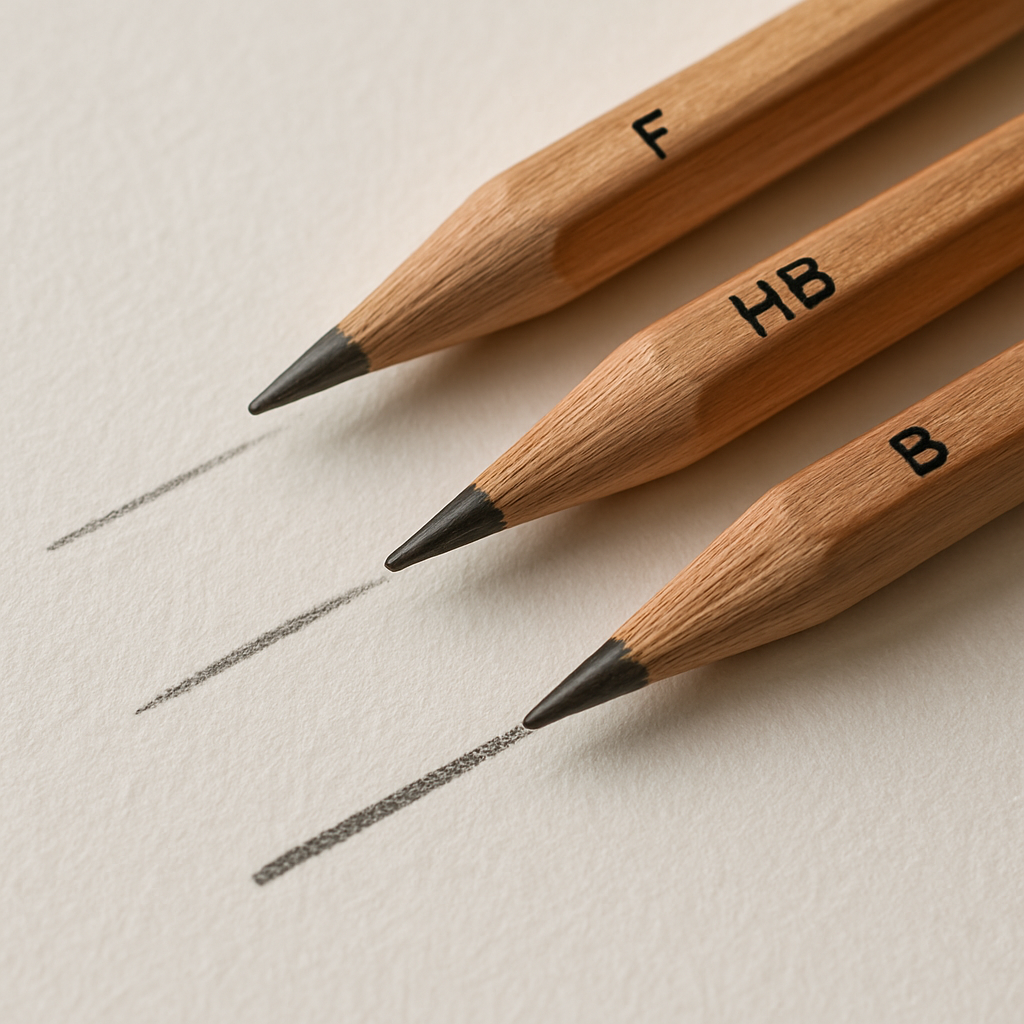 A close‑up of three pencils labeled F, HB, and B arranged on a sketchbook page, each drawing a line of varying darkness to illustrate their differences. Alt: Comparison of F, HB, and B pencil grades showing line weight and darkness.