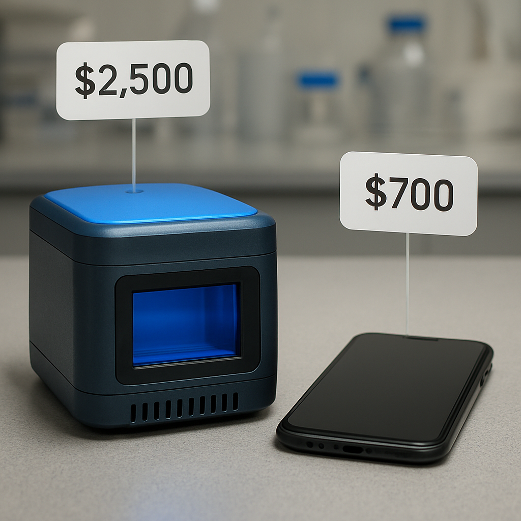 A photorealistic lab bench showing a compact blue‑light gel imaging device next to a smartphone, with price tags floating above each component to illustrate cost factors. Alt: Detailed view of gel imaging system price components in a realistic laboratory setting.