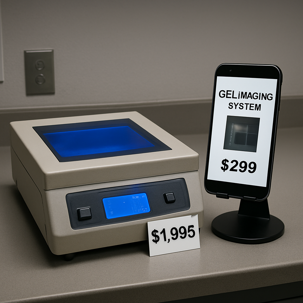 A photorealistic lab bench showing a blue‑light gel imaging transilluminator beside a smartphone on a stand, price tags visible on the equipment, realistic lighting, Realism style. Alt: gel imaging system price comparison on a lab bench.