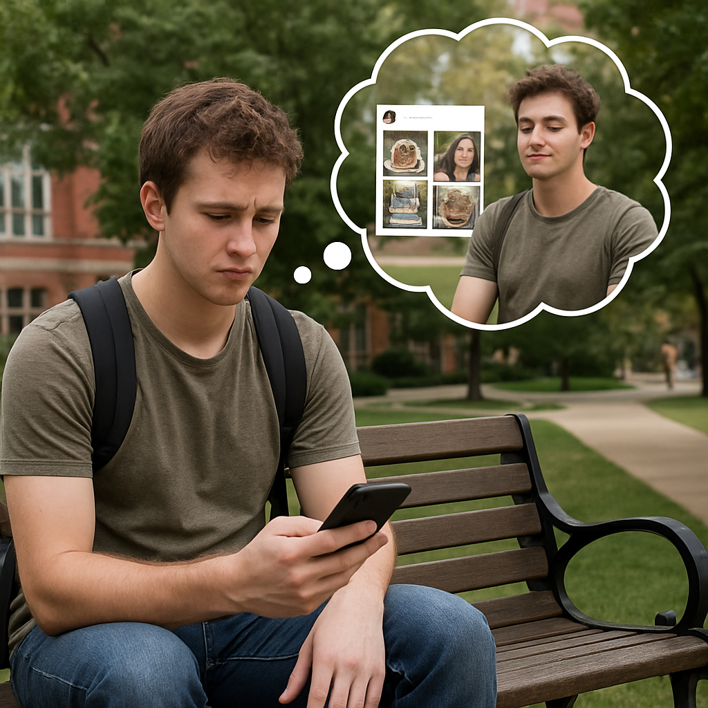 A photorealistic scene of a young adult sitting on a college campus bench, scrolling on a smartphone while a thought bubble shows a split view of polished social media posts on one side and a confident, relaxed version of themselves on the other, realistic lighting, realistic style, reflecting the impact of social media on self‑esteem.