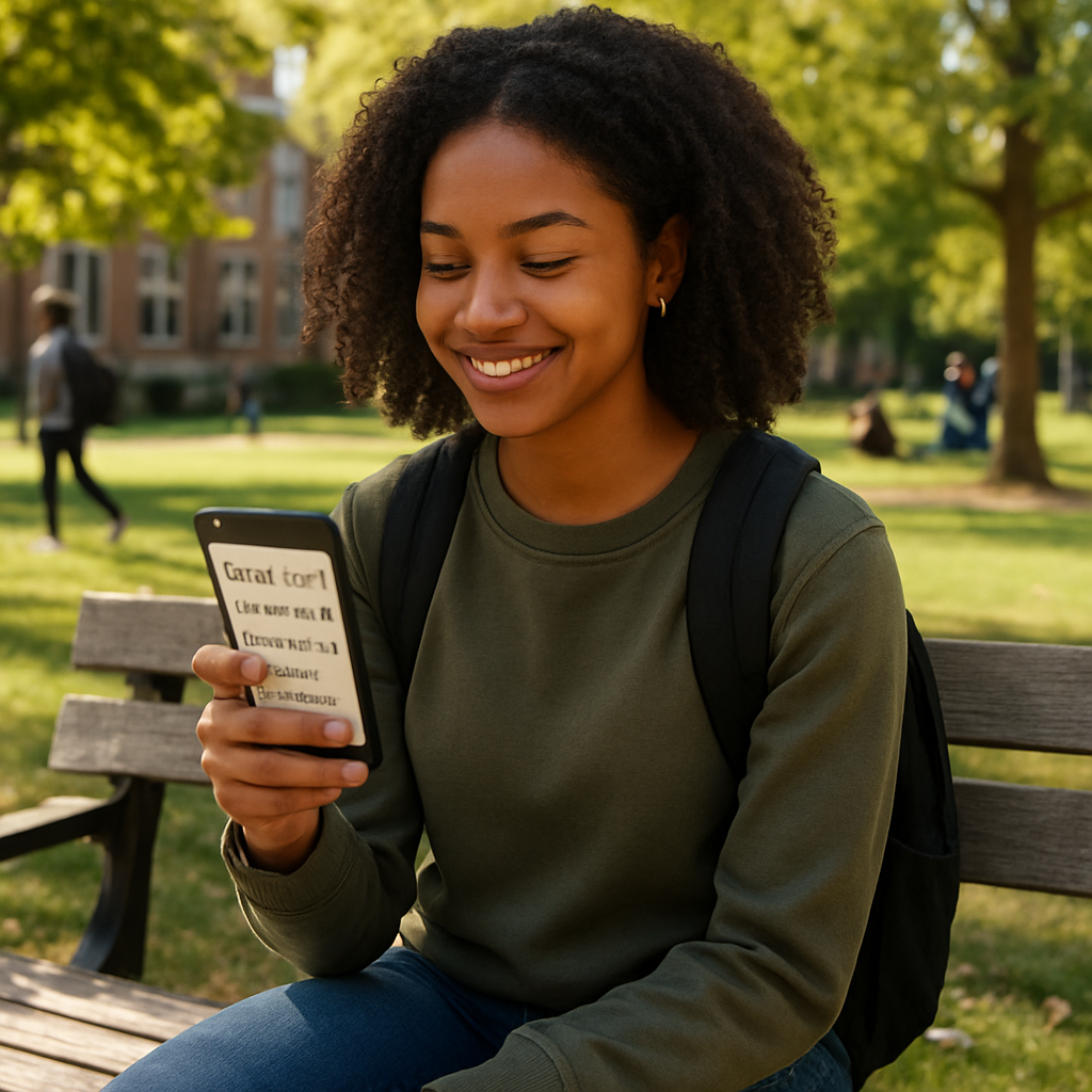 A photorealistic scene of a college student sitting on a campus bench, phone in hand, smiling as they check a to‑do list on the screen while a sunny campus lawn with other students in the background illustrates a balanced digital routine. Alt: Building a positive digital routine for better self‑esteem.