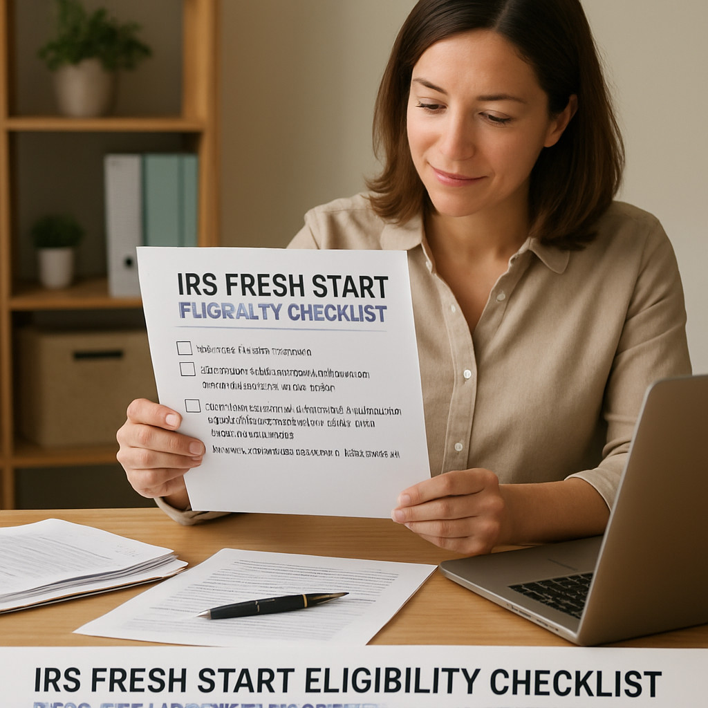 A small business owner reviewing IRS Fresh Start eligibility checklist at a desk, with paperwork and a laptop. Alt: IRS Fresh Start eligibility checklist for small businesses.