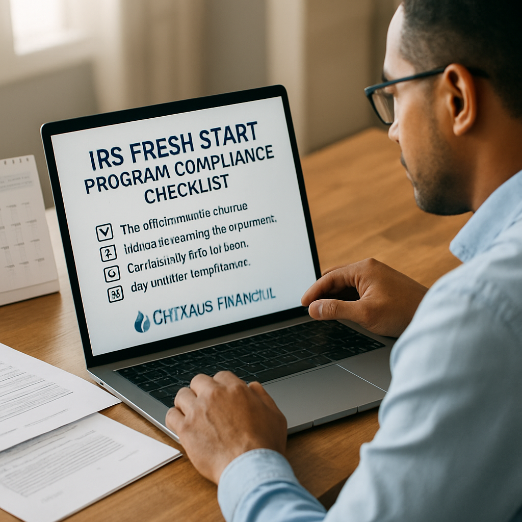 A small business owner reviewing IRS Fresh Start compliance checklist on a laptop, with calendar and documents visible. Alt: IRS Fresh Start program compliance checklist for small businesses.
