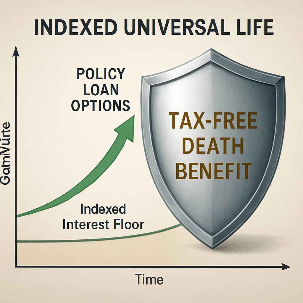 An illustration showing an indexed universal life policy’s cash‑value growth curve alongside a protective shield representing the death benefit. Alt: Indexed universal life IUL benefits diagram highlighting tax‑free death benefit, indexed interest floor, and policy loan options.