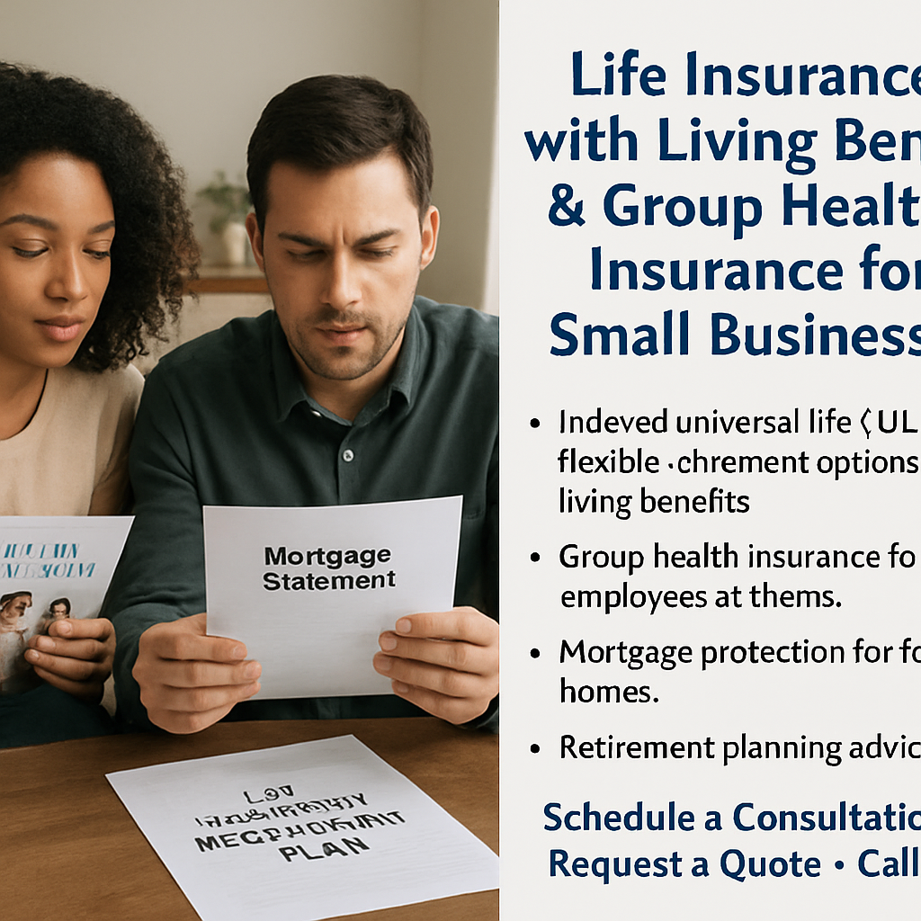 A family reviewing a mortgage statement and health benefits brochure, with a life insurance policy document on the table. Alt: life insurance retirement plan LIRP combined with mortgage protection and group health benefits.