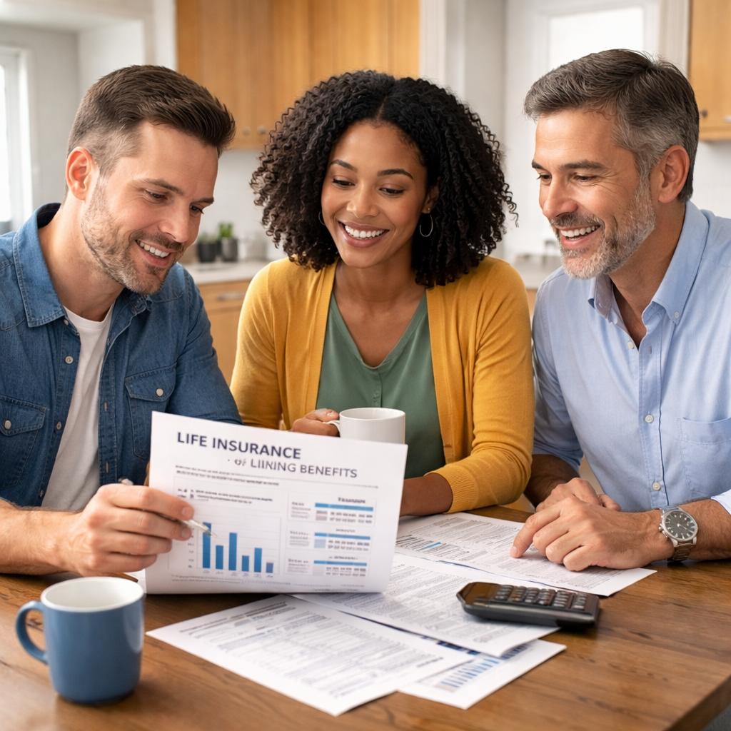 A photorealistic scene of a homeowner, a teacher, and a small business owner sitting at a kitchen table reviewing a life insurance illustration with living benefits cost details. Alt: Life insurance with living benefits cost strategies for homeowners, teachers, and small business owners.