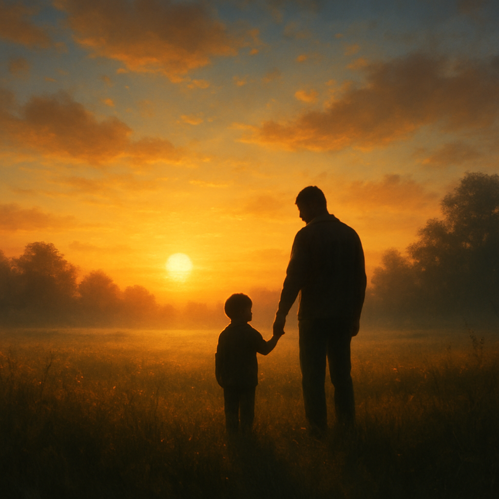 A serene sunrise over a quiet meadow, with a subtle silhouette of a father holding a child's hand, symbolizing divine guidance. Alt: 