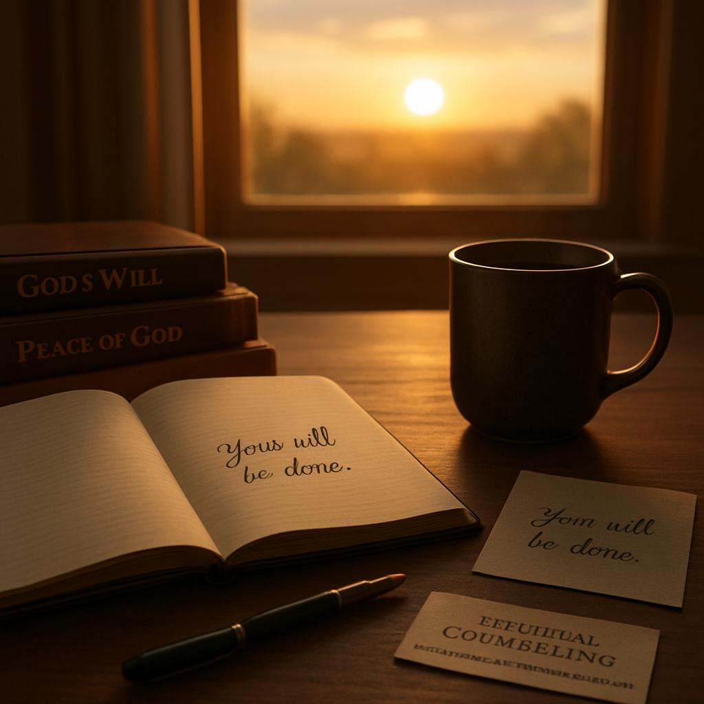 A calm sunrise over a quiet desk with an open journal, a coffee mug, and a handwritten note that reads “Your will be done.” Alt: “Morning journal with prayer focus on God’s will.”