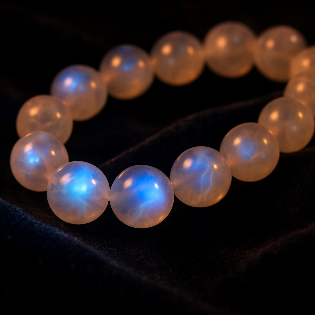A close‑up of moonstone beads shimmering on a dark velvet background, showing the adularescent glow. Alt: moonstone bracelet meaning, moonstone beads glowing in candlelight.