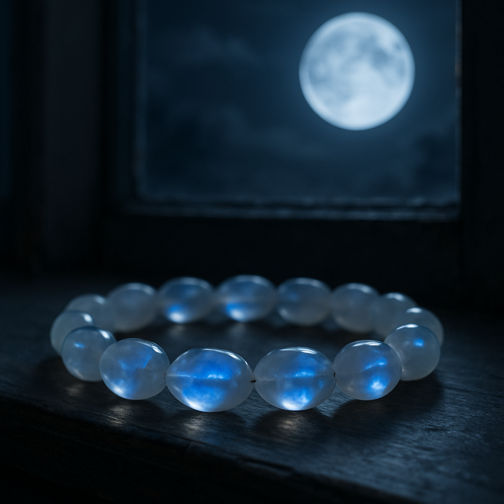 A close‑up of a moonstone bracelet resting on a windowsill under a full moon, highlighting the adularescent glow. Alt: moonstone bracelet meaning, moonstone bracelet under moonlight