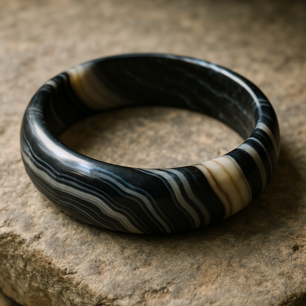 A close‑up of an ancient onyx bracelet lying on weathered stone, showing layered black and white bands, with soft natural light highlighting its polished surface. Alt: Historical onyx bracelet illustration