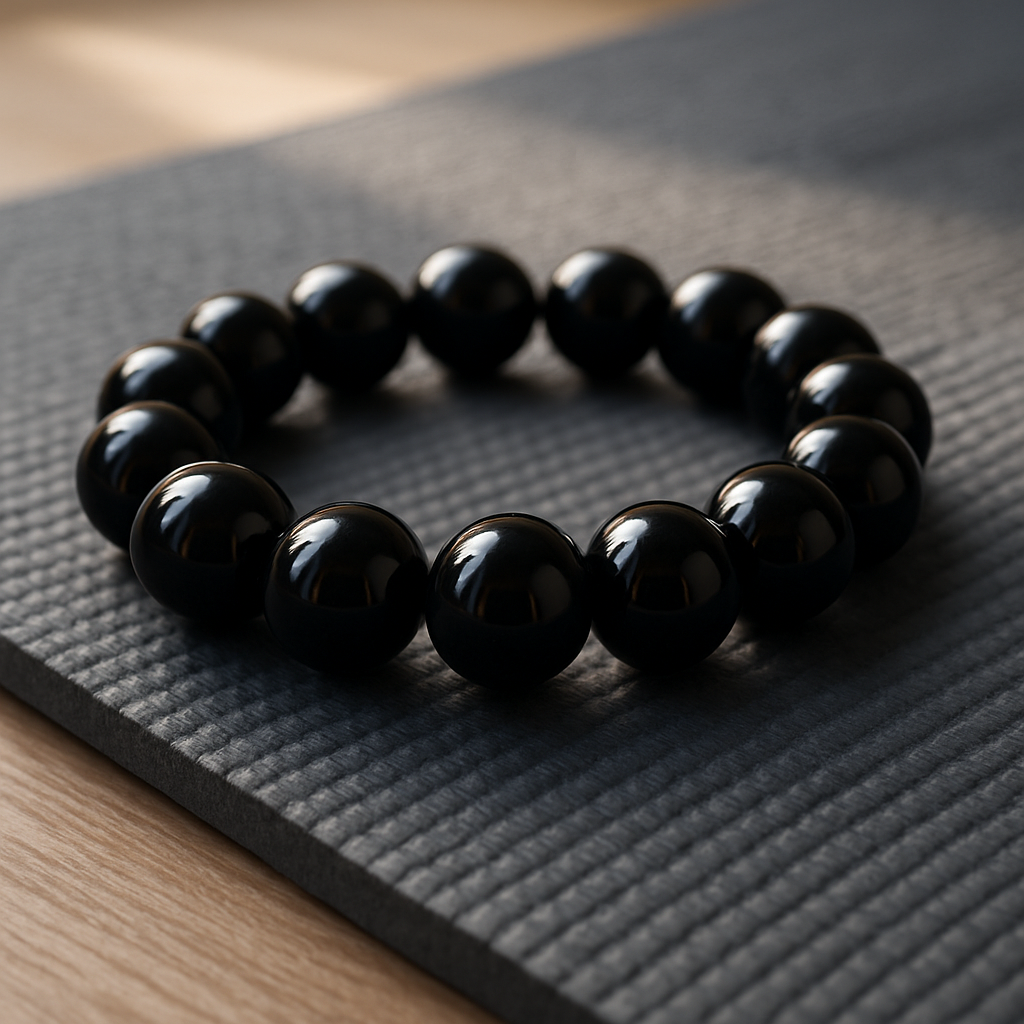 A close‑up of a black onyx bracelet resting on a yoga mat, with soft natural light highlighting the stone’s polished surface. Alt: onyx bracelet grounding energy for chakra work