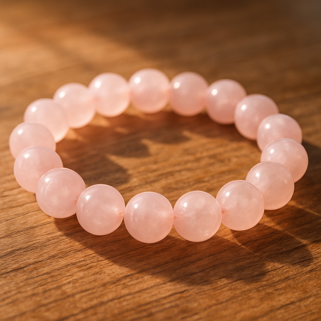 A close‑up of a handcrafted rose quartz bracelet resting on a wooden table, soft pink beads catching morning light. Alt: Rose quartz bracelet meaning, historic love stone jewellery.