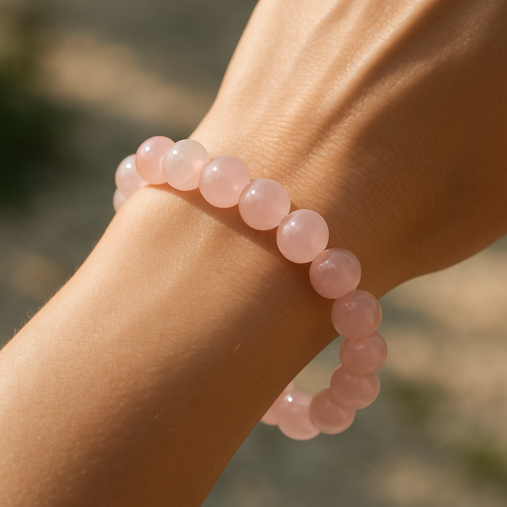 A close‑up of a hand wearing a delicate rose quartz bracelet, soft pink beads catching the morning light. Alt: rose quartz bracelet meaning, gentle pink gemstone jewellery promoting love and calm.