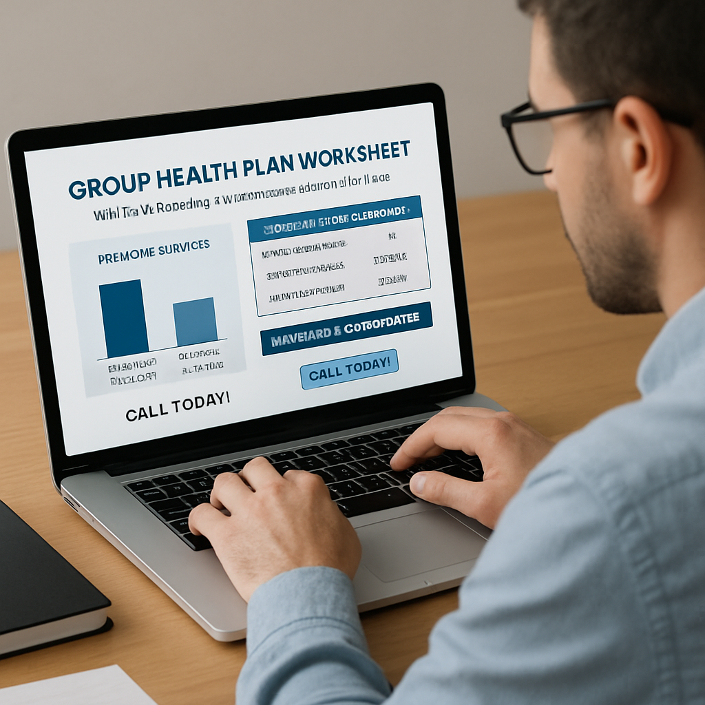 A small business owner reviewing a group health plan worksheet on a laptop, with charts showing premium savings and tax credit calculations. Alt: small business health insurance tax credit worksheet illustration