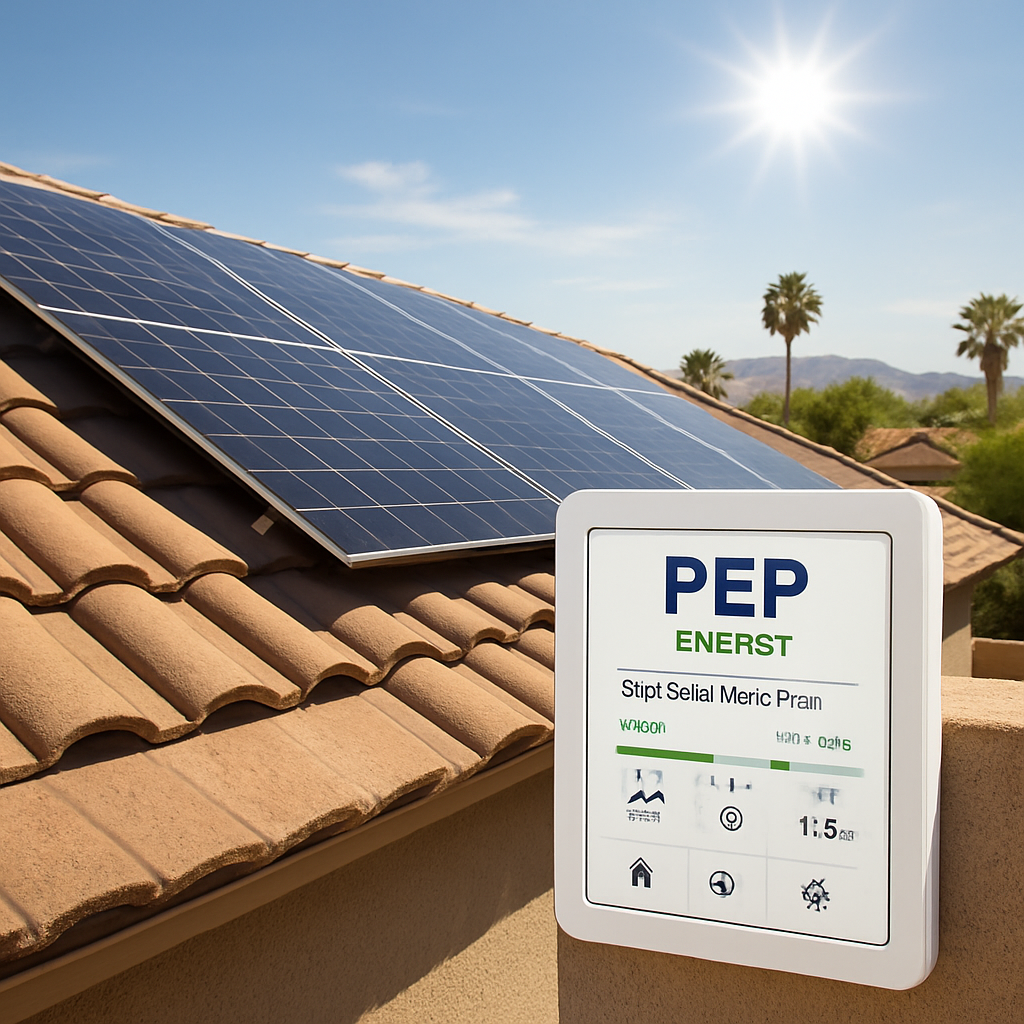 A sunny Phoenix rooftop with solar panels and a smart home control panel visible. Alt: SRP solar rate plan rooftop solar installation with smart home integration