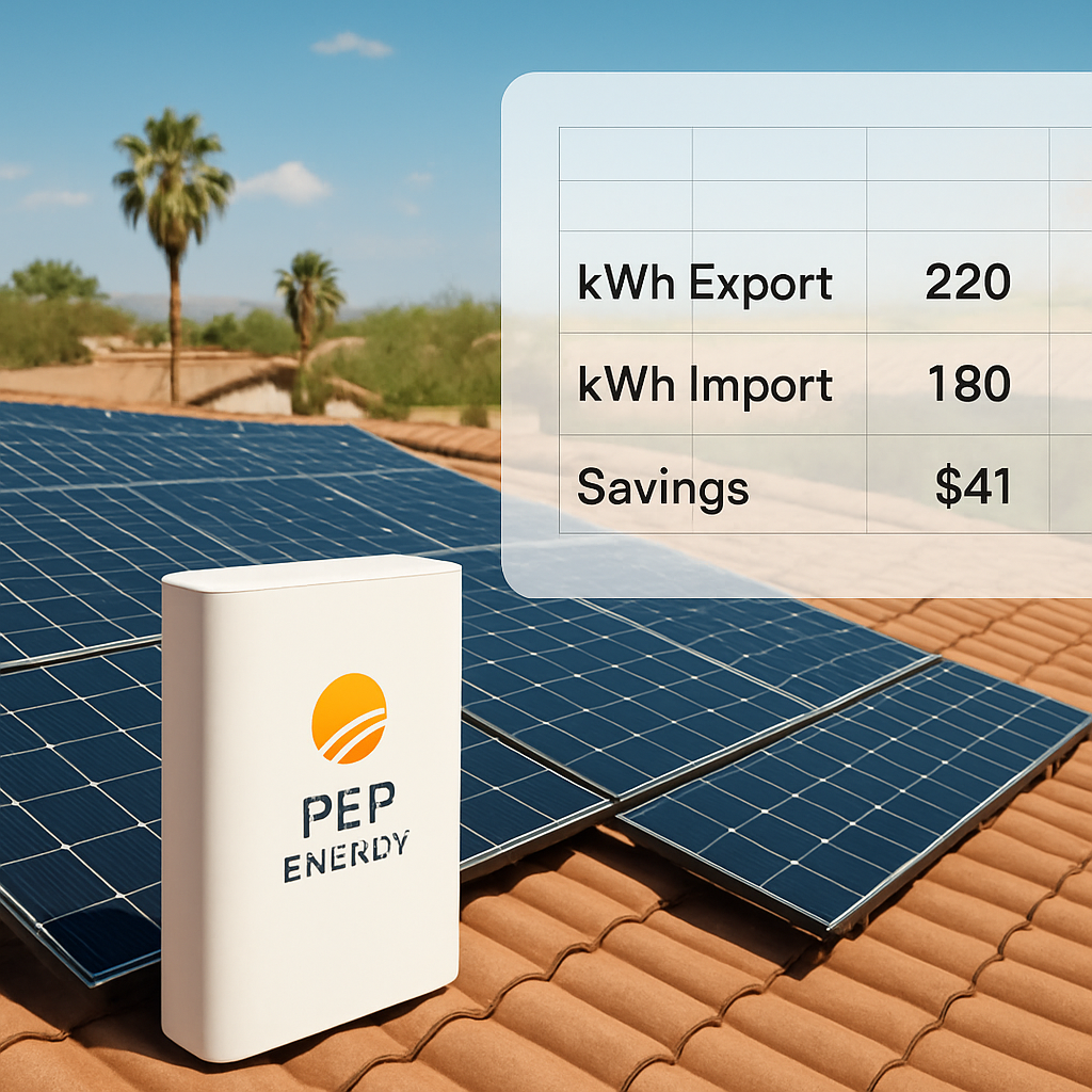 A sunny Arizona rooftop with solar panels and a sleek home battery, showing a digital spreadsheet overlay with kWh export, import, and savings calculations. Alt: Phoenix homeowner using a simple spreadsheet to calculate SRP solar rate plan savings.