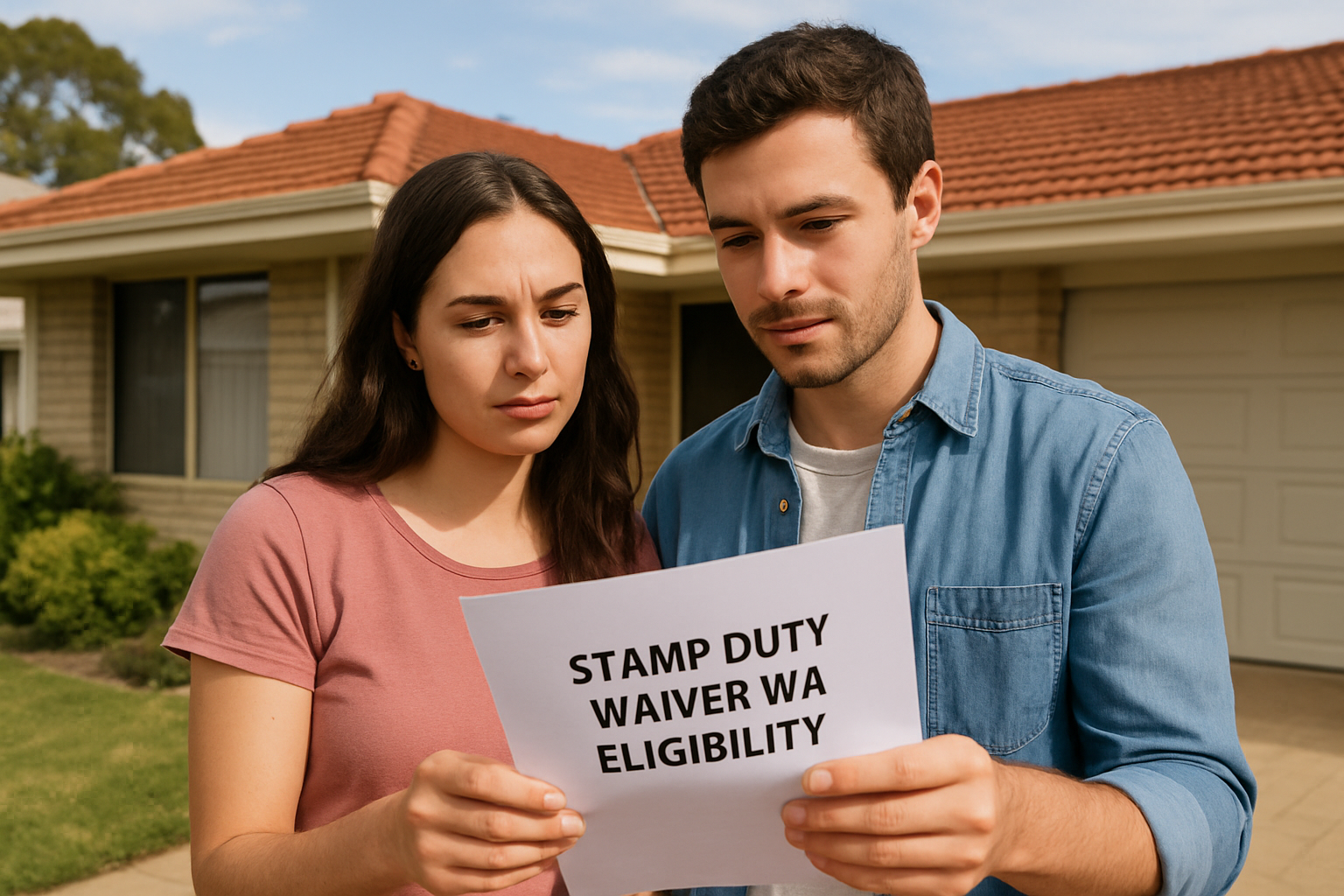 A young couple reviewing property documents in a Perth suburb, representing eligibility for a stamp duty waiver. Alt: First home buyer couple in Perth reviewing stamp duty waiver WA eligibility.