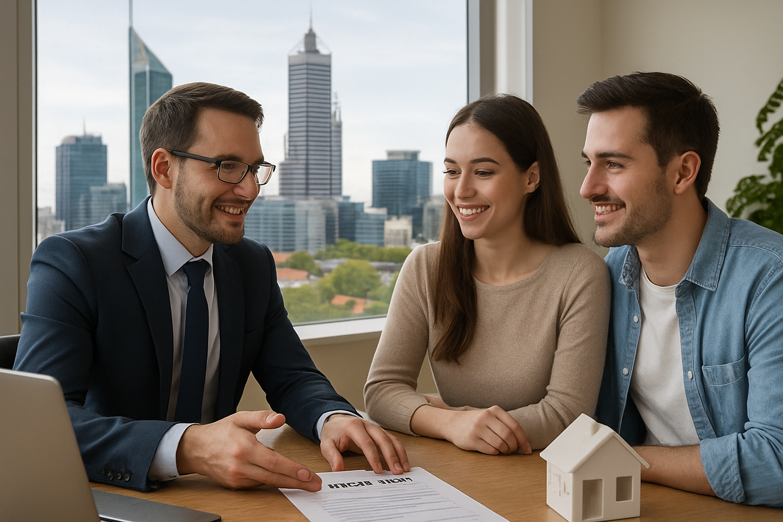 A mortgage broker discussing loan options with a young couple in Perth, underscoring personalised home loan strategies. Alt: Home loan broker in Perth assisting clients to maximise stamp duty waiver WA benefits.