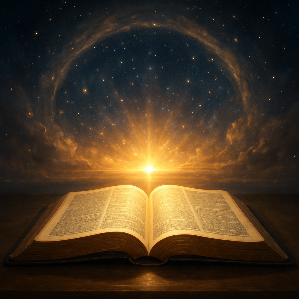 A serene sunrise over a celestial vault, with soft golden light spilling onto an open Bible, symbolizing heavenly treasures revealed through scripture. Alt: “Biblical treasures in heaven meaning visual metaphor”