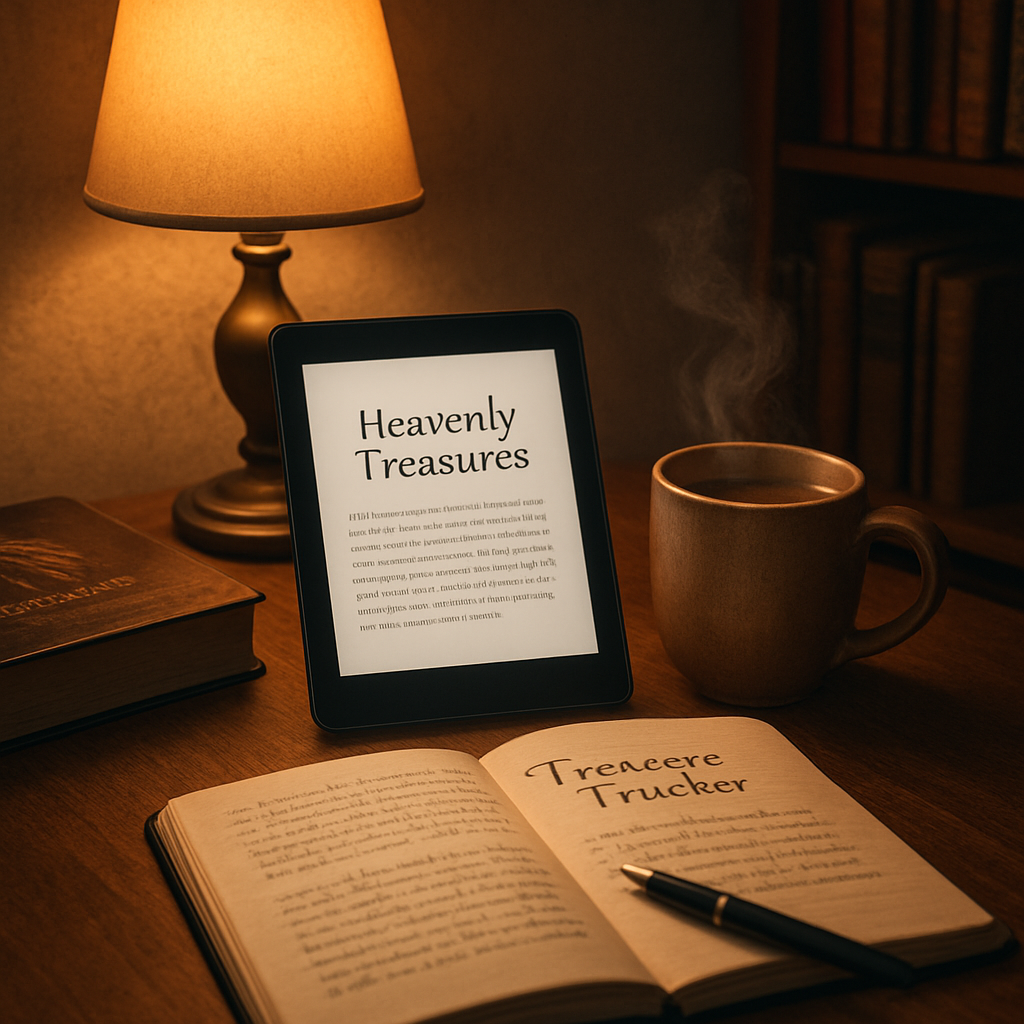 A warm, inviting study nook with an open e‑book titled 