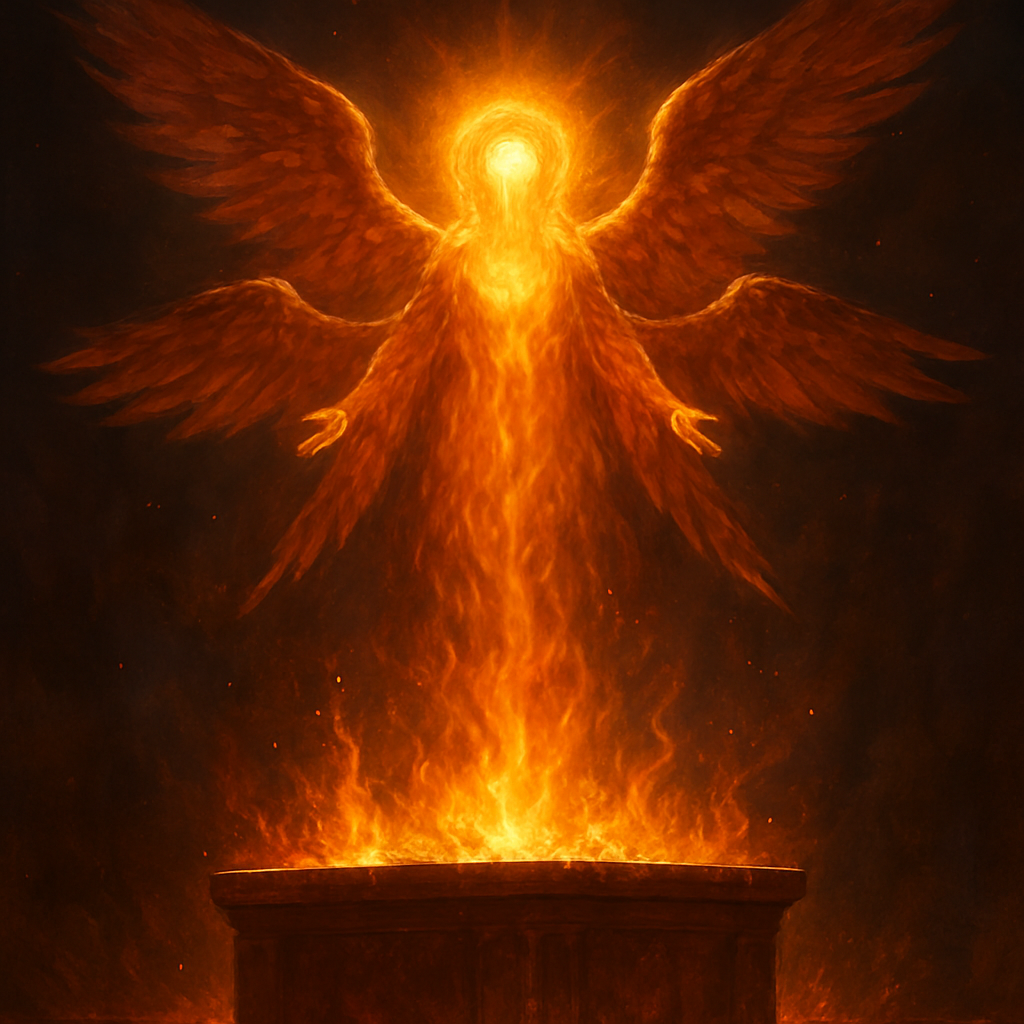 A radiant illustration of a six‑winged seraph hovering over a glowing altar, flames licking the edges, with an ethereal glow that conveys holy fire. Alt: Seraphim burning love and holiness in biblical worship.