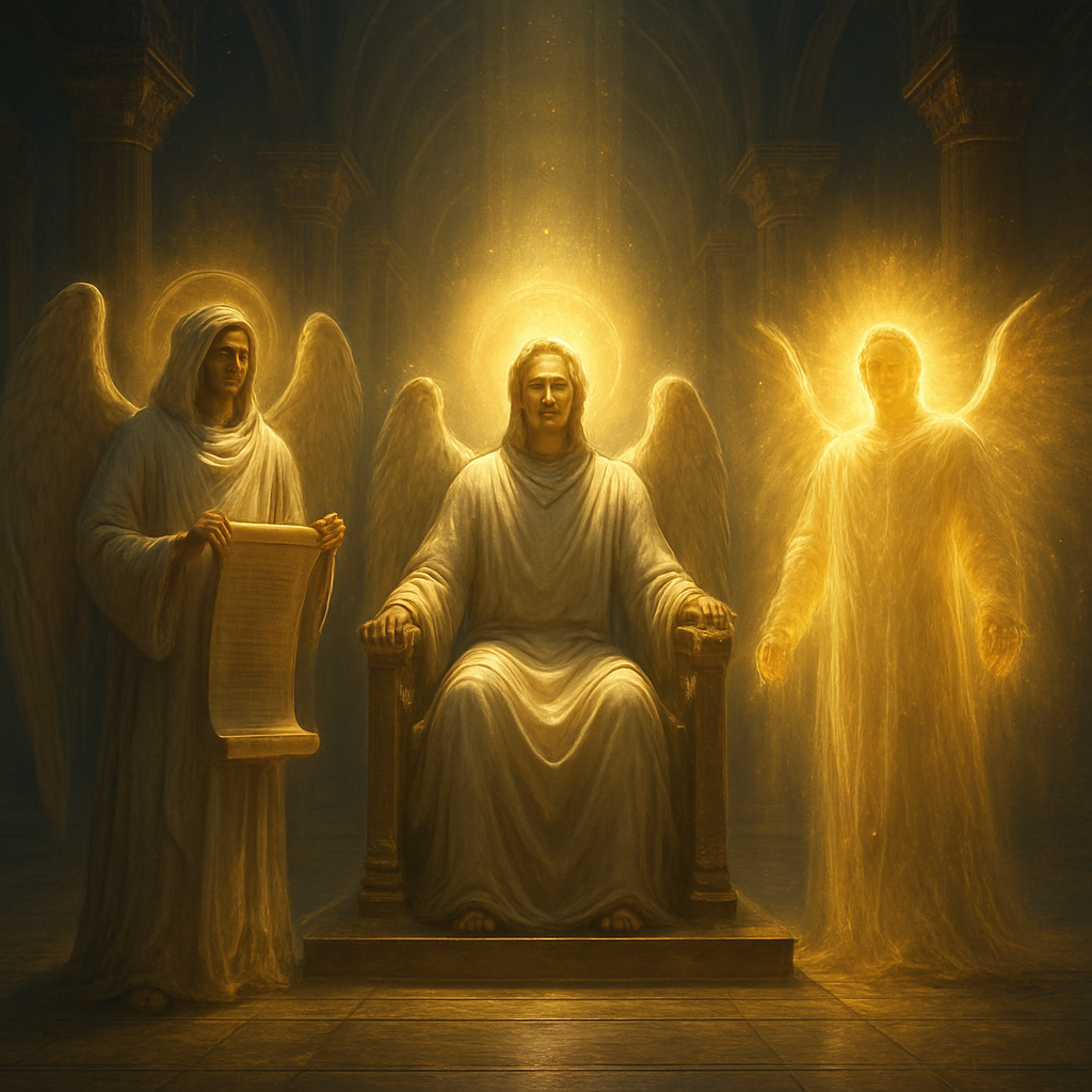 A luminous depiction of three celestial beings—one on a throne, one holding a scroll of authority, and one radiating vibrant light—standing in a heavenly hall. Alt: Thrones, Dominions, and Virtues angelic orders of authority illustration.