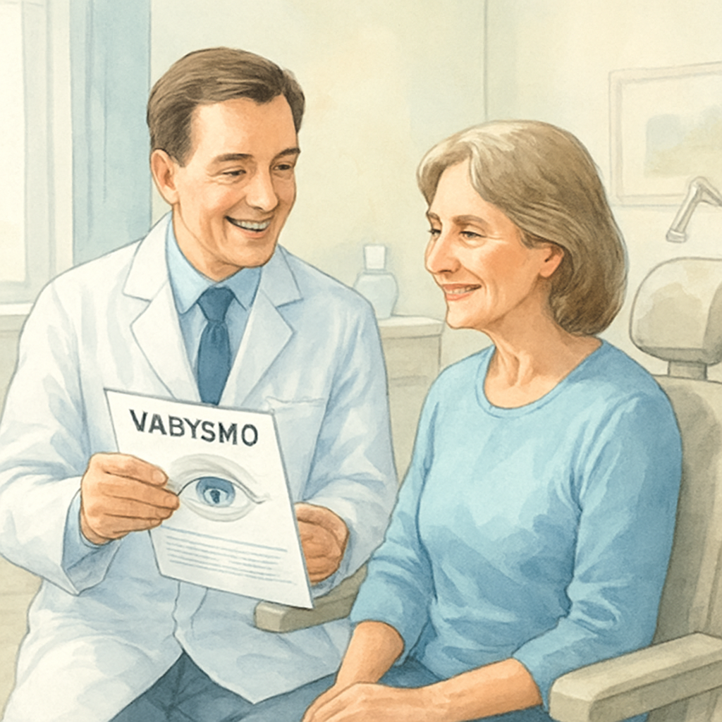 A calm, well‑lit clinic room with a comfortable treatment chair, a smiling eye surgeon discussing the Vabysmo injection process with a middle‑aged patient. Alt: Vabysmo dosing schedule initiation in a Sydney retina clinic.