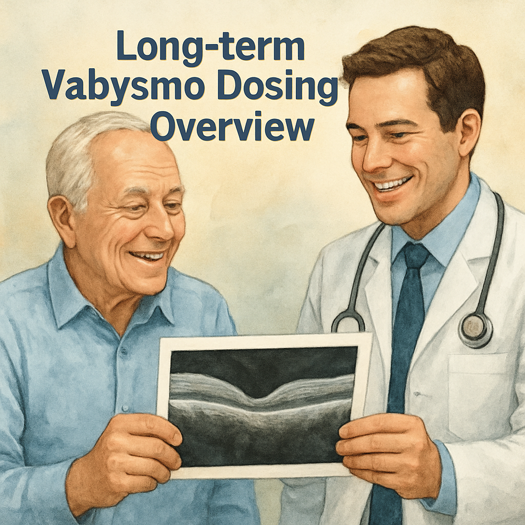 An older patient looking at a printed OCT scan with a clinician, both smiling, indicating confidence in long‑term dosing decisions. Alt: Long‑term Vabysmo dosing overview with patient and OCT.
