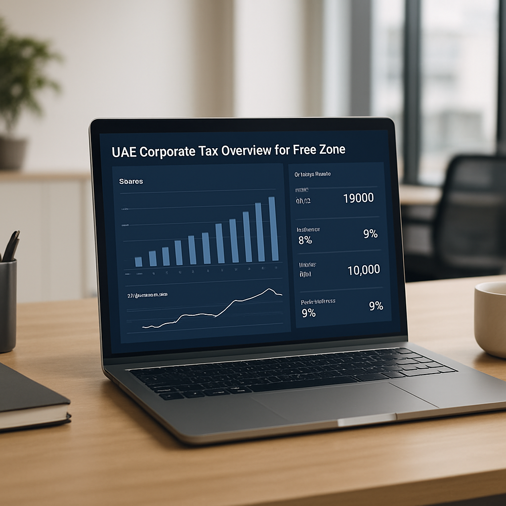 A modern office space with a laptop displaying a UAE tax dashboard, showing profit charts and tax calculations. Alt: UAE corporate tax overview for free zone companies.