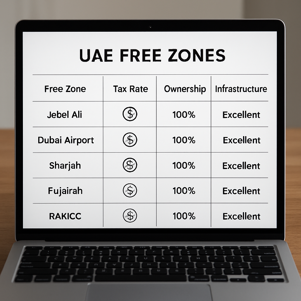 A clean spreadsheet on a laptop screen showing a comparative table of UAE free zones, with icons representing tax, ownership, and infrastructure. Alt: Comparative table of tax rates and benefits across major UAE free zones.
